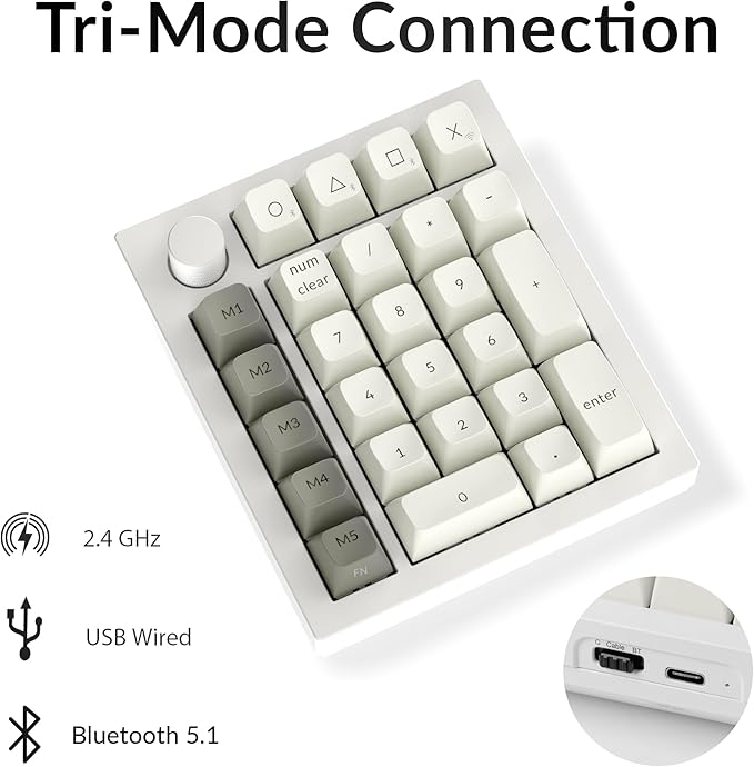 Keychron Q0 Max Wireless Custom Mechanical Numpad, 2.4 GHz/Bluetooth 5.1/Wired QMK Number Pad, RGB Hot-Swappable with Gateron Brown Switch for Laptop Mac Windows Linux - White