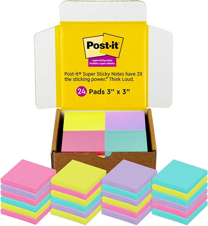 Post-it Super Sticky Notes, 3x3 in, 24 Pads/Pack, 70 Sheets/Pad, Amazon Exclusive Bright Color Collection, Aqua Splash, Acid Lime, Tropical Pink and Iris Infusion