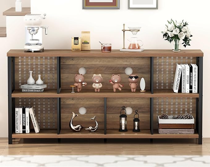 LVB Industrial Horizontal Bookshelf, 4 5 6 7 8 Cube Storage Organizer Bookcase, Modern Wide Large Book Shelf for Bedroom Living Room, Rustic Low Long Wood Metal Office Cubby Shelf, Rustic Oak, 63 Inch