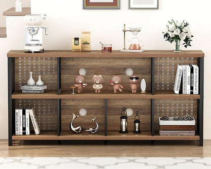 LVB Industrial Horizontal Bookshelf, 4 5 6 7 8 Cube Storage Organizer Bookcase, Modern Wide Large Book Shelf for Bedroom Living Room, Rustic Low Long Wood Metal Office Cubby Shelf, Rustic Oak, 63 Inch
