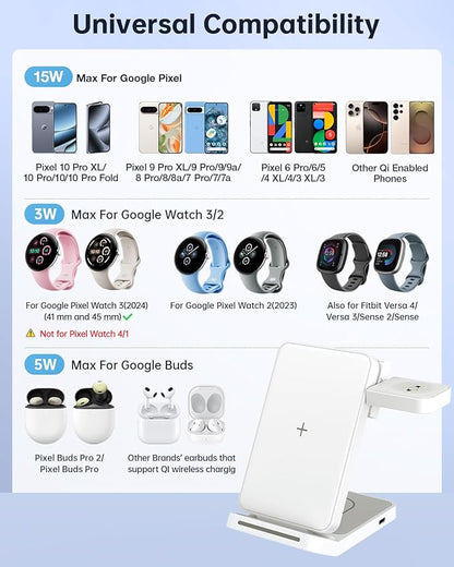 Upgraded Foldable 3 in 1 Wireless Charger for Pixel Watch 3/2 (Not for Pixel Watch 4/1), Fast Charger Stand for Pixel 10 Pro XL/9 Pro XL/9/8/7 Pro/8a/6 Pro & Buds, Charging Station with Adapter, White