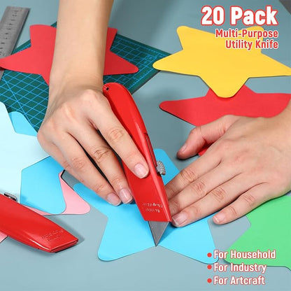 20 Pcs Retractable Utility Knife Box Cutter Aluminum Alloy Carpet Knife Heavy Duty Utility Knives Sharp Razor Blade for Cardboard Box Cartons Opener DIY Home Office (Red)