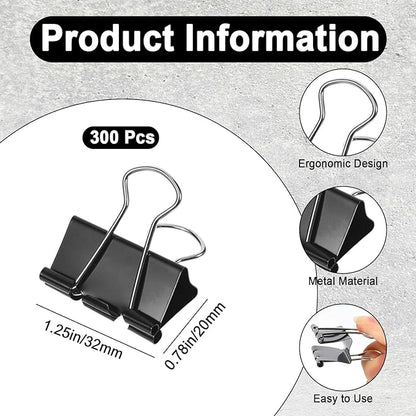 300 Pcs Binder Clips Medium, Clips Office Supplies, Black Paper Clamps for Teachers, Students, School, Office and Home Supplies Organization