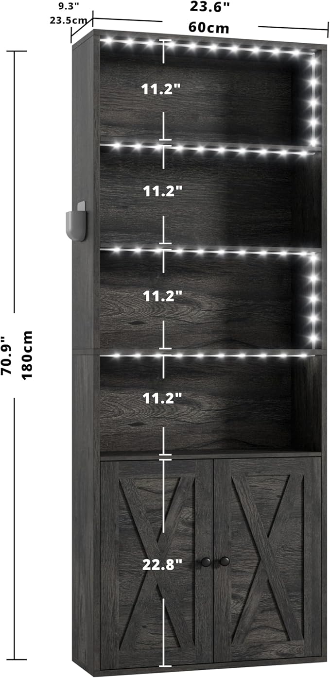 IRONCK Tall Bookcase with LED Lights, 70 in Industrial Bookshelves and Bookcases with Doors, 6 Shelf Display Storage Shelves Floor Standing for Home Office, Living Room, Bedroom