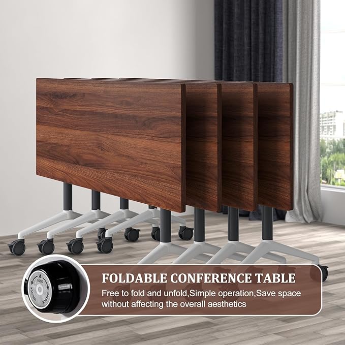 Folding Conference Table Modern Large Mobile Meeting Table Rolling Conference Room Tables with Wheels Seminar Tables for Office Training Classroom (10, Walnut, 63" D X 19.7" W X 29.5" H)