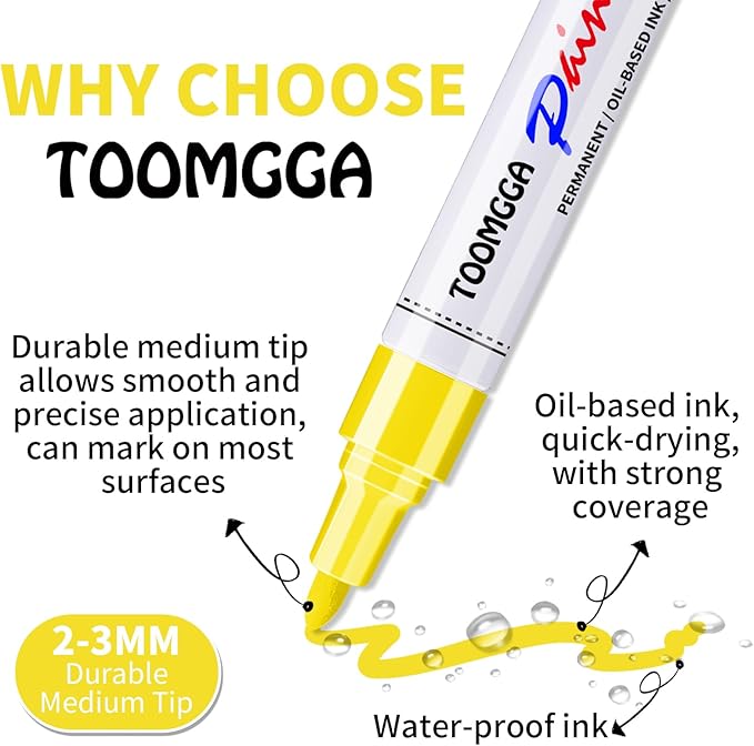 Yellow Permanent Paint Pens Paint Markers - 12 Pack Oil Based Markers, Quick Drying and Waterproof Marker Pen, Car Tire, Metal, Rock Painting, Wood, Ceramic, Plastic, Canvas, Mugs, Medium Tip