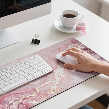 Pink Gold Marble Patterns Desk Mat, Large Gaming Mouse Pad Non-Slip Rubber Base with Stitched Edges, Waterproof Protection for PC Laptop Home Office Desk Decor (31.5x11.8in)