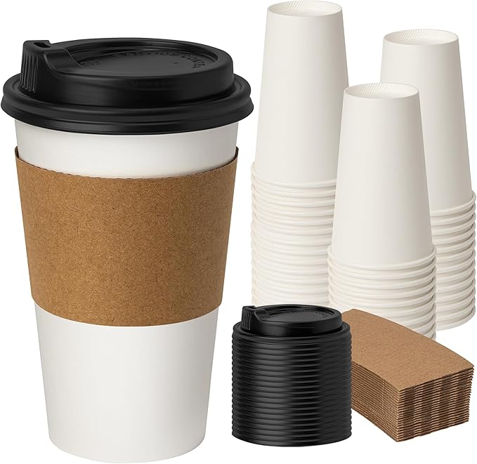16 oz 50 Pack Disposable Coffee Cups with Lids and Sleeves, To Go Coffee Cups with Lids, Hot/Cold Beverage Drinking Cup for Coffee, Tea