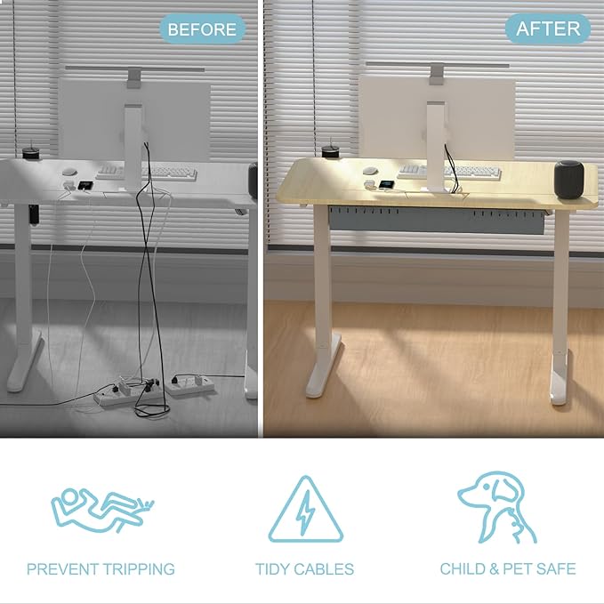 Standing Desk with Cable Management Tray, 48"x24" Electric Height Adjustable Sit Stand Desk, Memory Presets, Anti-Collision, Workstation for Home Office, Light Wood Top White Frame