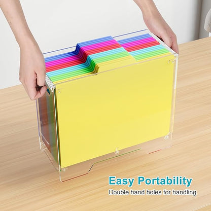 Clear Hanging File Folder Box - for Letter Size - Sturdy Vertical Acrylic Magazine Rack Desk File Organizer with Handle, Transparent Storage Bin for Office Classroom, Assembly Required