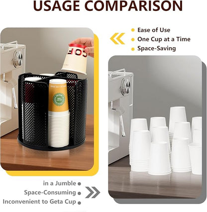 Coffee Cup Dispenser, Disposable Paper Cup and Lid Holder 360° Rotatable with 4 Compartments,Can Stacking 3-16oz Cups and Lid Holder for Coffee Shop,Home Countertop,Office,Restaurant,Kitchen