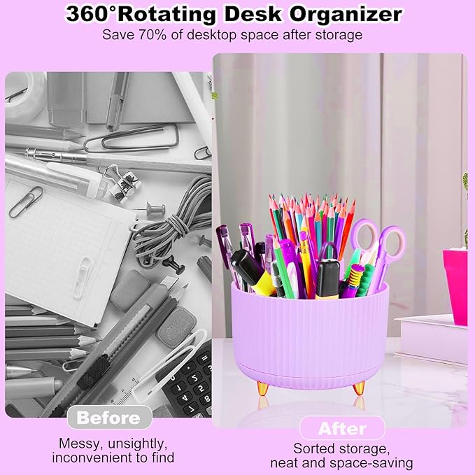 Desk Organizers and Accessories Set with 360-Degree Rotating Pen Holder, Tape Dispenser, Stapler, Staple Remover, 1000 Staples, Tape, Clips Set, Ruler, Scissor, Pen (Purple, 10 Pcs Set)