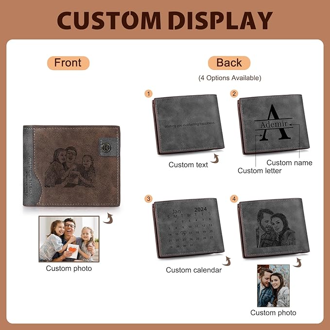 Personalized Wallet for Men – Custom Bifold Wallet with Photo, Text, Name, Calendar, RFID Blocking Slim Wallet, Gift for Husband, Dad, Boyfriend, Father’s Day, Birthday, Valentine’s Day (Dark Brown)