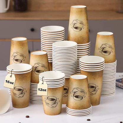 180 Pack 16 oz Disposable Paper Coffee Cups, Hot/Cold Drinking Cups, coffee, Juice, Retro Design, Leak-Proof, Party, Picnic, Events, Travel, Offices, Shops