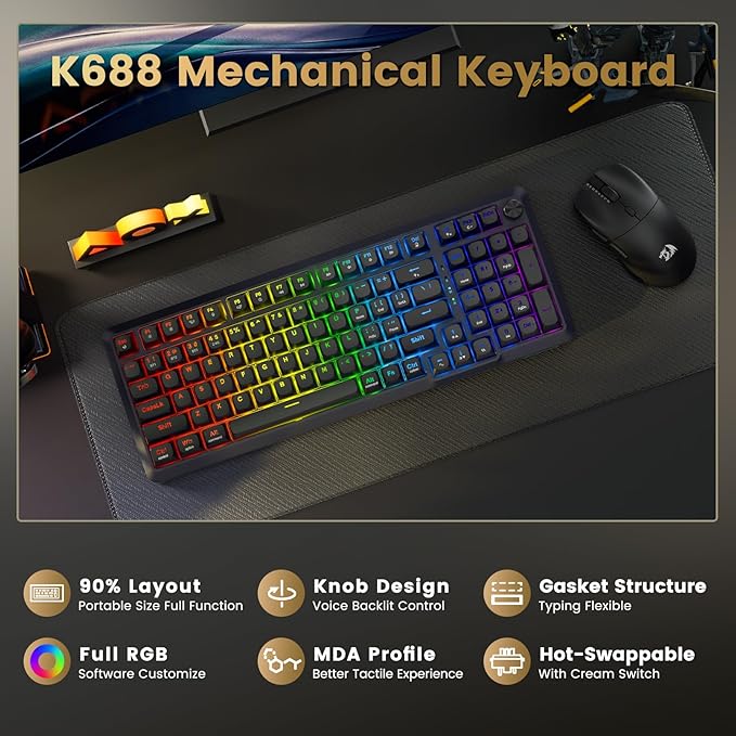 Redragon Wireless Mechanical Keyboard, 3 Mode Gasket Mounted RGB Gaming Keyboard with Volume Knob, Pre-Lubed Linear Switches, MDA-Profile, 98 Keys Hot Swappable Creamy Keyboard for PC/Tablet/Xbox/PS4