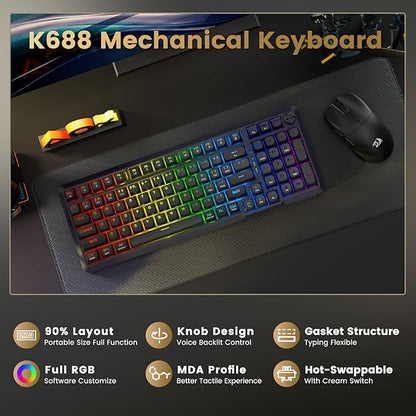 Redragon Wireless Mechanical Keyboard, 3 Mode Gasket Mounted RGB Gaming Keyboard with Volume Knob, Pre-Lubed Linear Switches, MDA-Profile, 98 Keys Hot Swappable Creamy Keyboard for PC/Tablet/Xbox/PS4