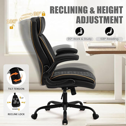 Leather Executive Office Chair, Computer Desk Chair with Lumbar Support, Comfortable Home Office Chairs 400lbs with Padded Flip-up Armrests, Height Adjustable, Tilting Function, Black
