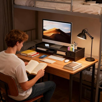 Desk Monitor Stand, 2-Tier Ergonomic Shelf, Black 4.3in Riser, Computer Screen Organizer, Laptop TV Holder, Work Table Storage, For Home Dorm Office Setup