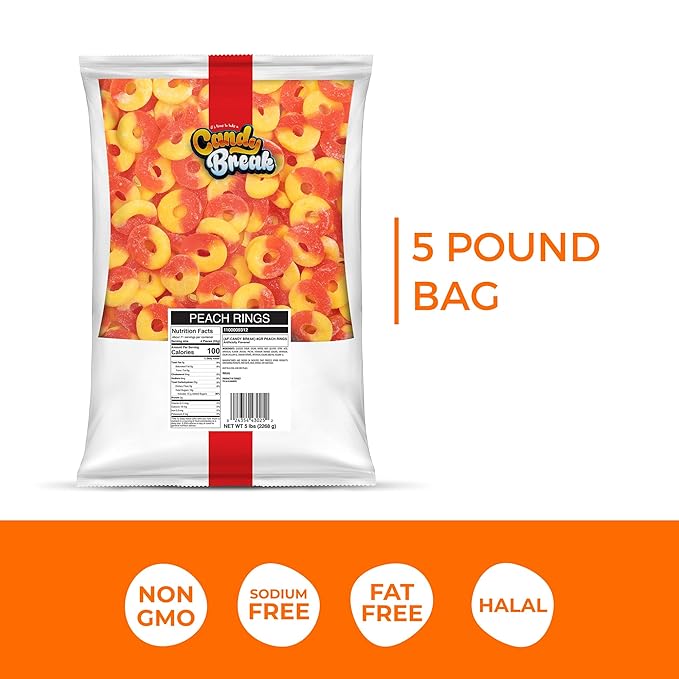 Candy Break Fruity Peach Rings Gummy Candy, Chewy Gummies with Peach Flavor, Snacks for Kids & Adults, Chewy Candies 5 lbs Bulk Share Size Bag, Pack of 1