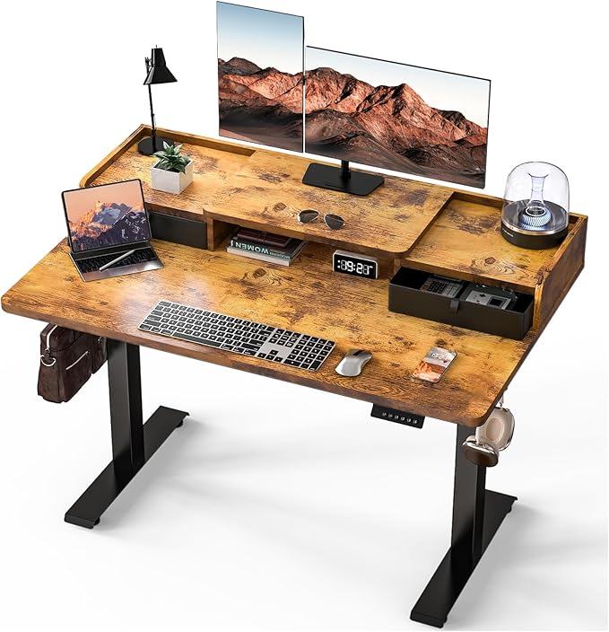 Kingant 48 x 30 Inch Standing Desk with Drawers, Adjustable Height Electric Sit Stand Desk with Storage Shelf, Rising Stand Up Computer Desk for Home Office Workstation, 3 Preset Heights
