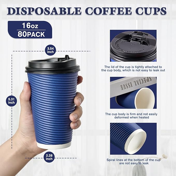 LITOPAK 80 Pack Insulated Ripple Wall 16 oz Disposable Paper Cups, Three Layer Insulated Hot Paper Coffee Cups with Lid and Straws for Parties, Picnics, and Travel