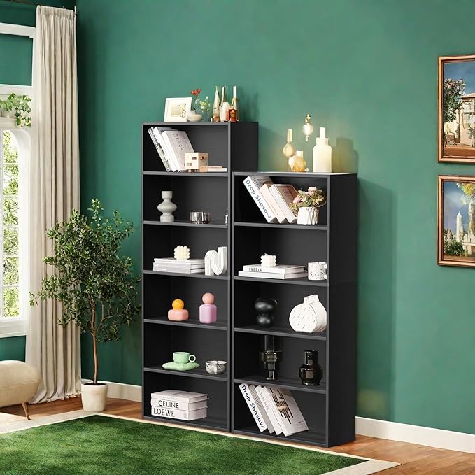 6 Tier Book Shelf, Tall Display Bookcase Modern Wood Bookshelf, 6 Shelf Bookcase Storage Organizer for Garage Kits/CDs/Books/Movies, Black Bookshelf for Home Office Living Room