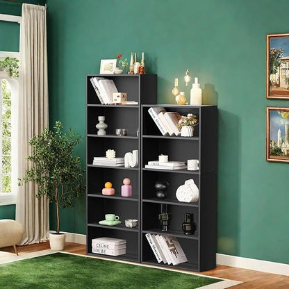 6 Tier Book Shelf, Tall Display Bookcase Modern Wood Bookshelf, 6 Shelf Bookcase Storage Organizer for Garage Kits/CDs/Books/Movies, Black Bookshelf for Home Office Living Room
