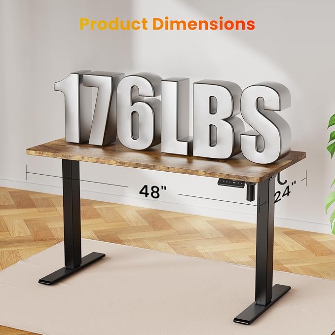 48x24 Inches Height Adjustable Electric Standing Desk with 2 Hooks for Home Office, Ergonomic Sit Stand up Desk with Splice Board, Rustic Brown