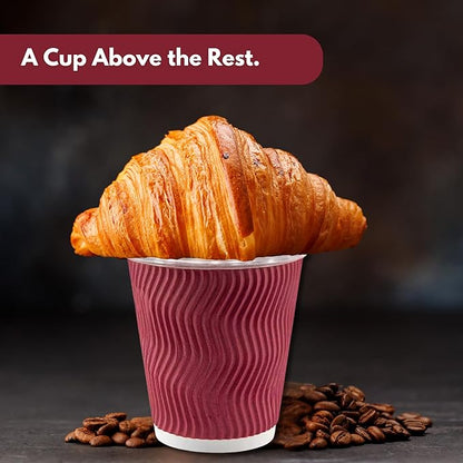 500 Pack 8oz Triple Wall Corrugated Insulated Red Paper Cups for Hot Drinks — Disposable Coffee Cups for Tea, Espresso, Office, Parties, Café or Pantry