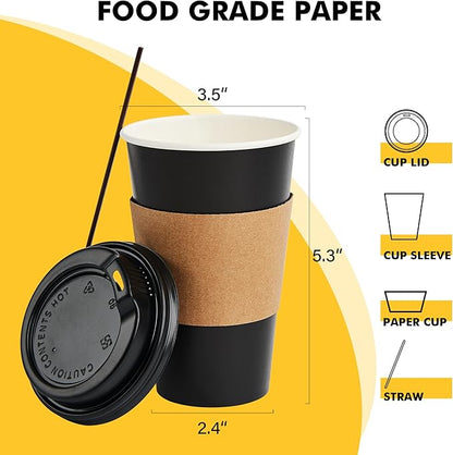 RACETOP 50 Pack 16 oz Coffee Cups with Lids, Black Disposable Coffee Cups with Lids, Sleeves and Stirring Sticks, Hot Paper Coffee Cup 16 oz for Hot Drinks, Parties, Picnic, Travel, and Events