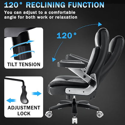 Big and Tall Office Chair 600lbs with 5D Flip Arms, Heavy Duty Executive Leather Office Chairs, Black Ergonomic Office Chair with Adjustable Lumbar Support & Pocket Spring Cushion, Dual Rubber Wheel