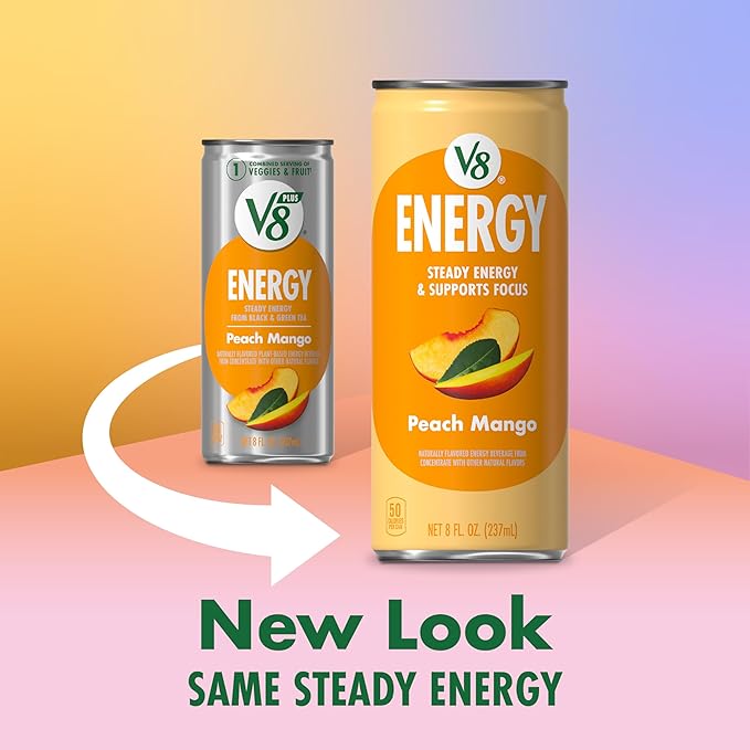V8 Energy Peach Mango Energy Drink, 8 fl oz Can (24 Pack)