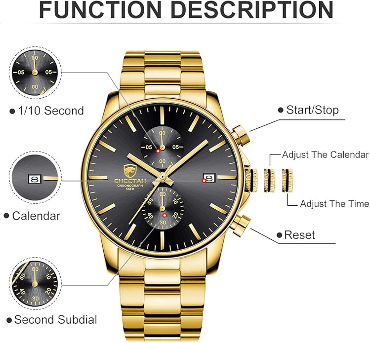 GOLDEN HOUR Fashion Business Mens Watches with Stainless Steel Waterproof Chronograph Quartz Watch for Men, Auto Date