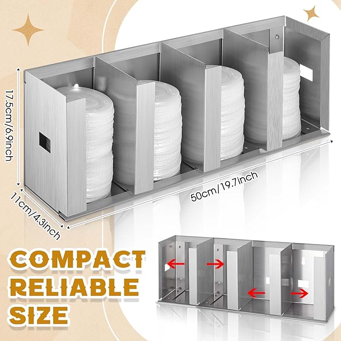 Hicarer 4 Compartments Stainless Steel Cup Dispenser with Adjustable Dividers Silver Cup and Lid Holder Lid Organizer Storage for Cabinet Kitchen Cafe Tea Shop Restaurant, Silver