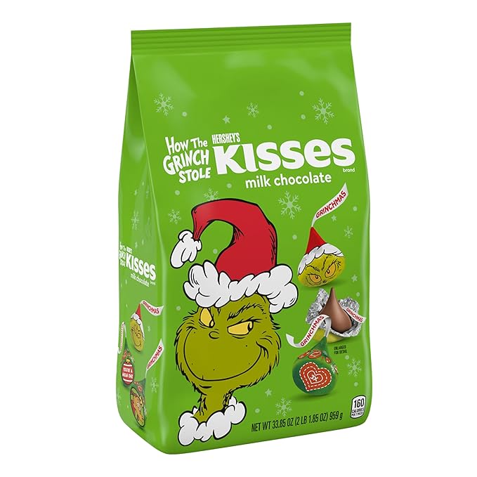 HERSHEY'S KISSES Grinch Milk Chocolate, Christmas Candy Bulk Bag, 33.85 oz