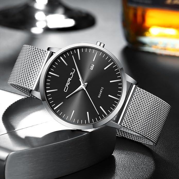 CRRJU Men's Minimalist Casual Luxury Auto Date Watches Fashion Business Japan Movement Quartz Waterproof Wristwatches for Men Stainsteel Steel Band Watch