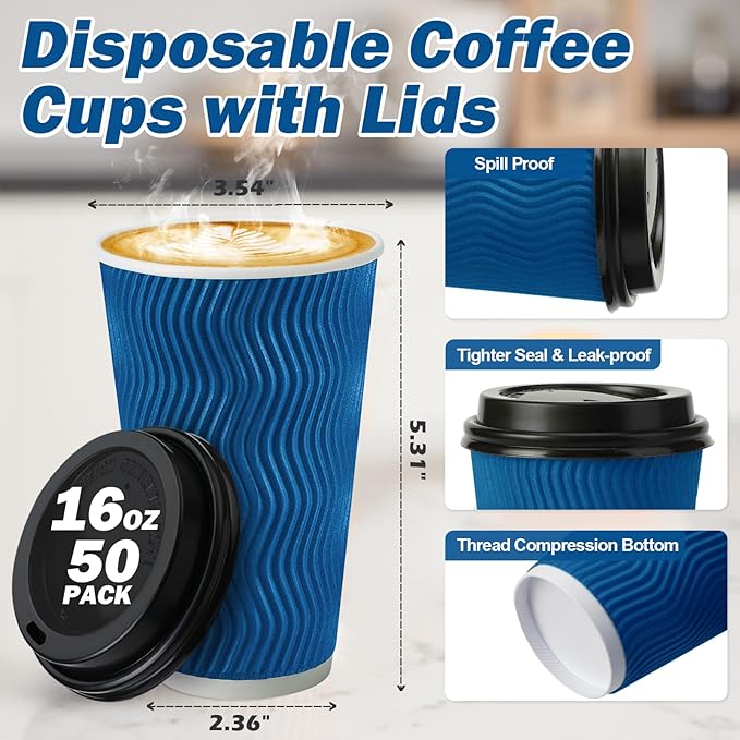 Disposable Coffee Cups with Lids 16 oz, To Go Paper Coffee Cups with Lids, Insulated Paper Cups for Hot or Cold Beverages (Navy, 50Pack)