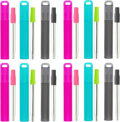 NAIVELY-Reusable Straws 12 Pack Collapsible Metal Straws,Portable Retractable Travel Drinking Straws with Case, Silicone Tips and Cleaning Brush
