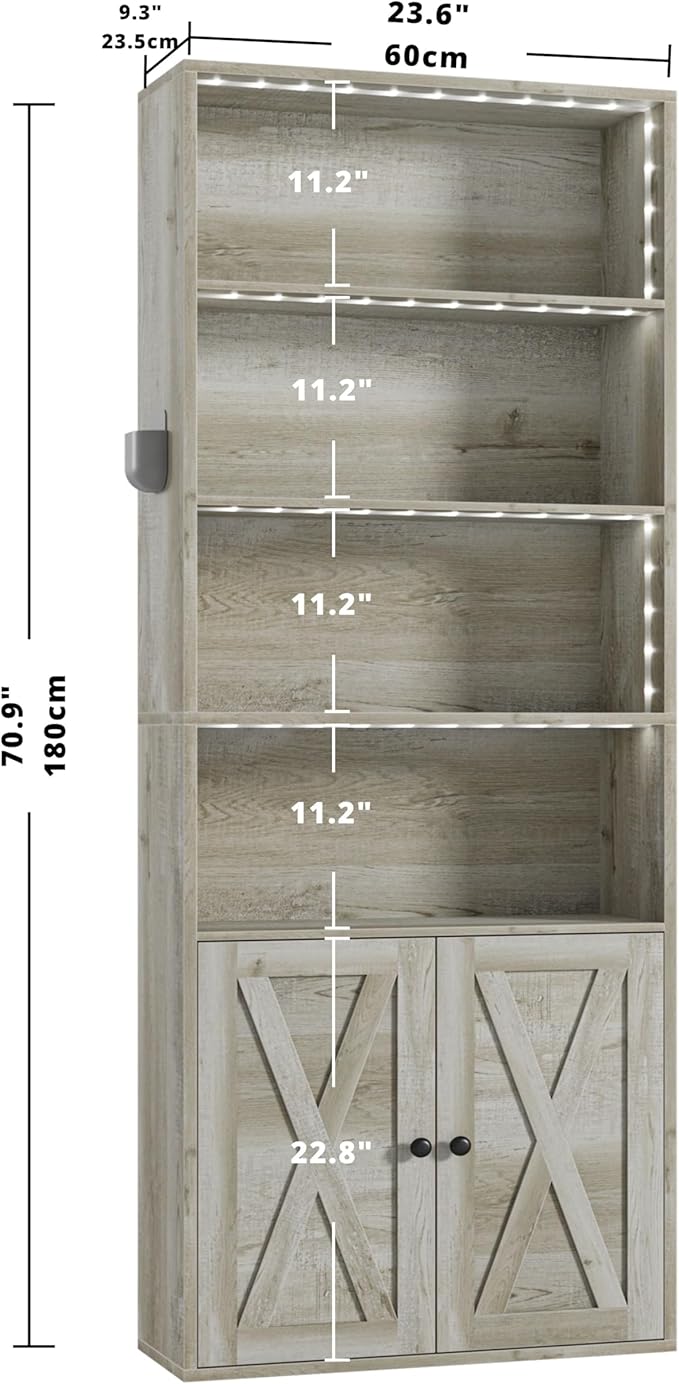 IRONCK Tall Bookcase with LED Lights, 70 in Industrial Bookshelves and Bookcases with Doors, 6 Shelf Display Storage Shelves Floor Standing for Home Office, Living Room, Bedroom