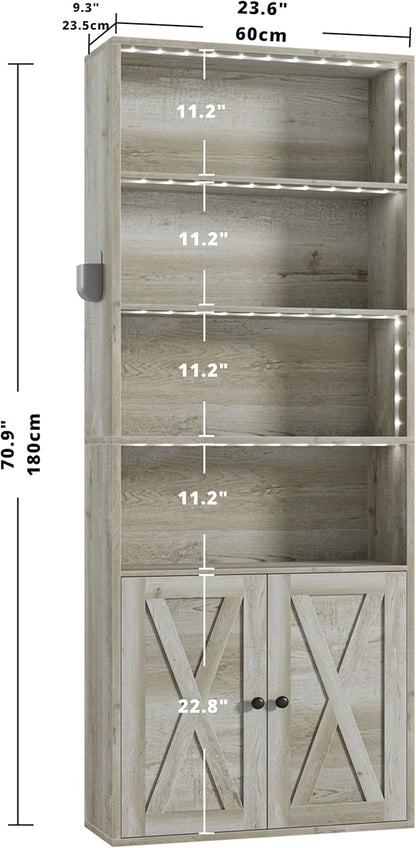 IRONCK Tall Bookcase with LED Lights, 70 in Industrial Bookshelves and Bookcases with Doors, 6 Shelf Display Storage Shelves Floor Standing for Home Office, Living Room, Bedroom