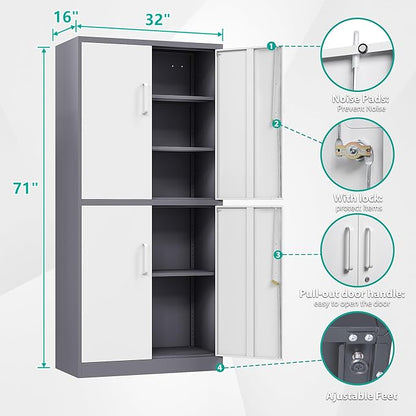 Metal Storage Cabinets with Doors and Shelves,71" Garage Storage Cabinet with Locking Doors,Tall Storage Cabinets with Lock for Home,Office,Gym,Bathroom,Kitchen