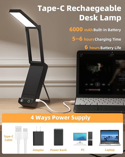 EZVALO LED Rechargeable Desk Lamp, 6000mAh Battery Operated Foldable & Portable Light,90Ra Cordless Table Lamp for Office Home, 3 Color Dimmable Small Desk Lamp Wireless Reading Lamp (Black)