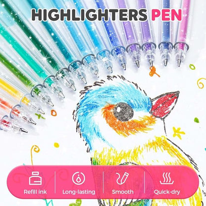Glitter Gel Pen Set, Multi-Functional Colored Drawing Pens for Scrapbooking, Portable Journaling Crafting Doodling Drawing Glitter Pens for Adults School Supplies (12-Color)