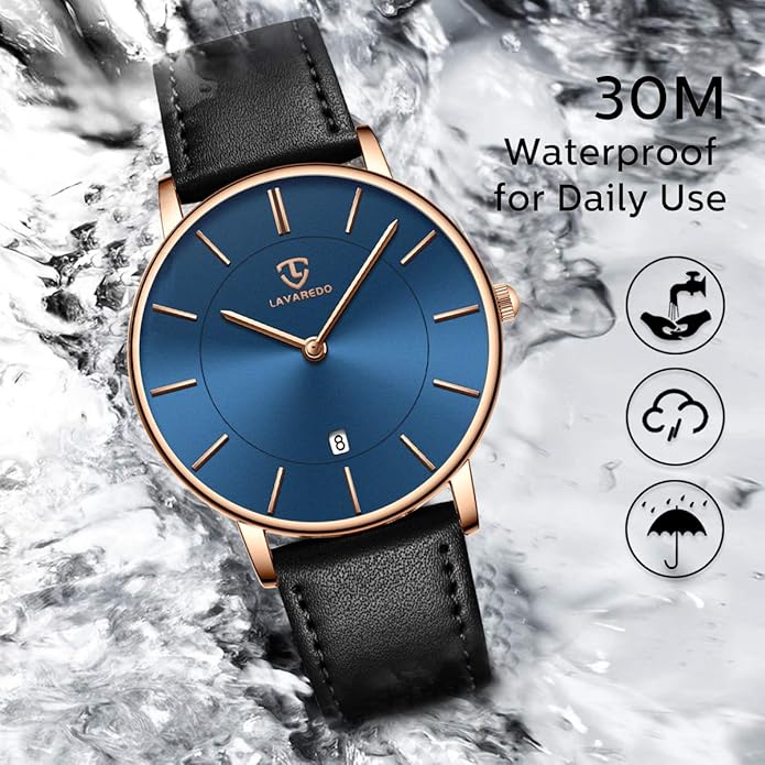 L LAVAREDO Watch for Men, Extremely Thin Mens Watches Minimalist Analog Men's Leather Wrist Watches with Time/Date, Birthday Gift for Men Boyfriend
