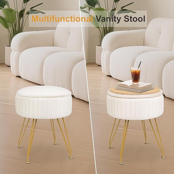 Round Vanity Stool with Storage Ottoman,Vanity Chair for Makeup Room with Removable Cover, Small Footrest Ottoman for Home, Living Room, Bedroom (Beige)