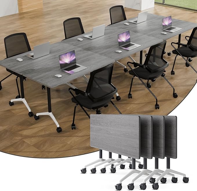 Folding Conference Table,Conference Table with Wheels,Large Flip-Top Training Table,Freely Combinations,Easy to Move for Offices, Schools,Training Rooms（4,Gray,55in