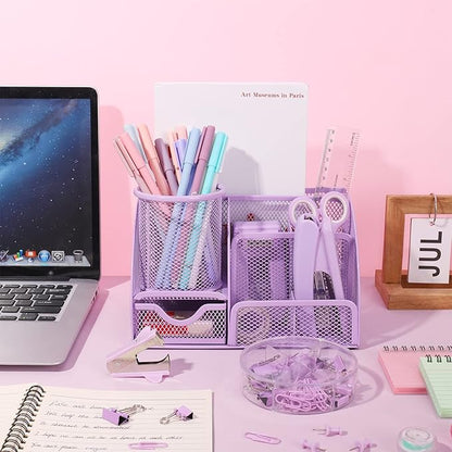 Purple Mesh Desk Organizer and Accessories, Purple Office Supplies 7 Compartments Desk Organizer with Stapler,Tape Dispenser,1000 Staples,Pen Holder,Staple Remover,Clips,Ruler,Scissors