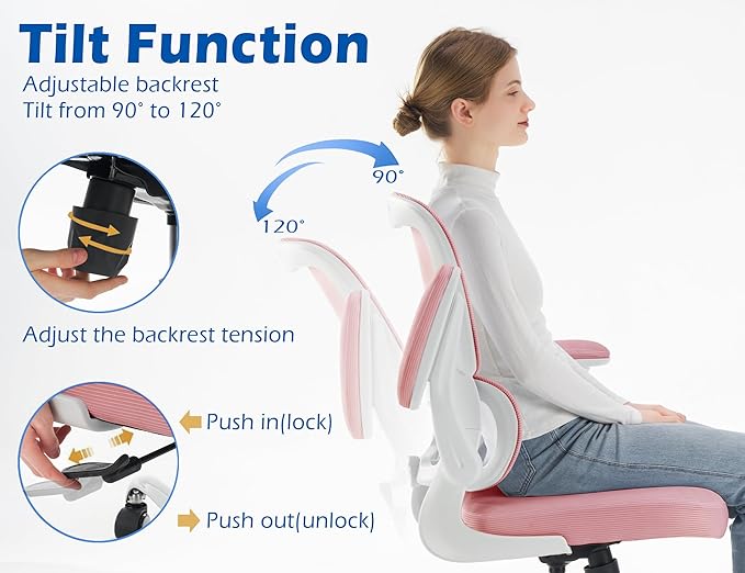 TRALT Ergonomic Office Chair - Desk Chair with Adjustable Lumbar Support Computer Chair - Mesh Comfy Chair with Flip-up Armrests - Gaming Chairs for Adults Home Office (Leather, Pink)