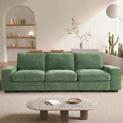 TEKAMON 100" Modular Sofa with Seats Storage, Comfy 3-Seater Chenille Fabric Couch for Living Room, Office, Apart W/Deep Seat, USB Charging, Upholstered Couch with Removable Cover(Green)