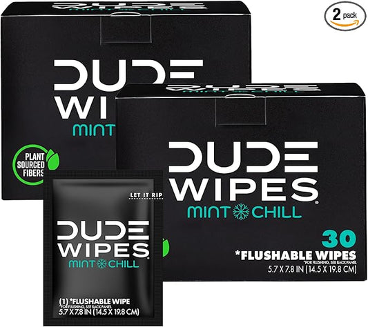 DUDE Wipes - On-The-Go Flushable Wipes - 2 Pack, 60 Count - Mint Chill Extra-Large Individually Wrapped Adult - with Eucalyptus & Tea Tree Oil - Septic and Sewer Safe